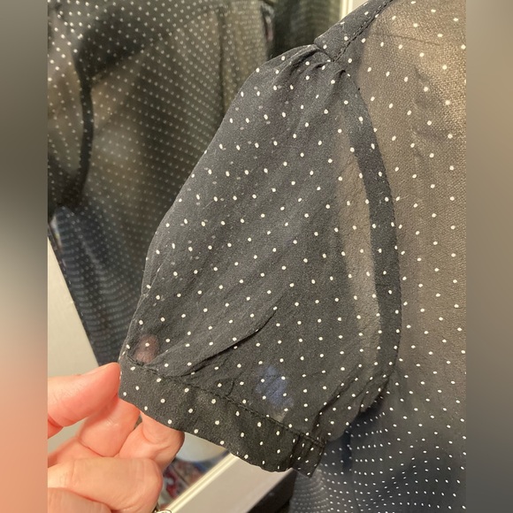 Lapis Black Sheer Polka Dot Popover Blouse, Short Puff Sleeve, Size Medium - Picture 5 of 11